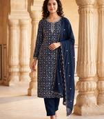 Navy silk unstitched suit with printed & khatli work