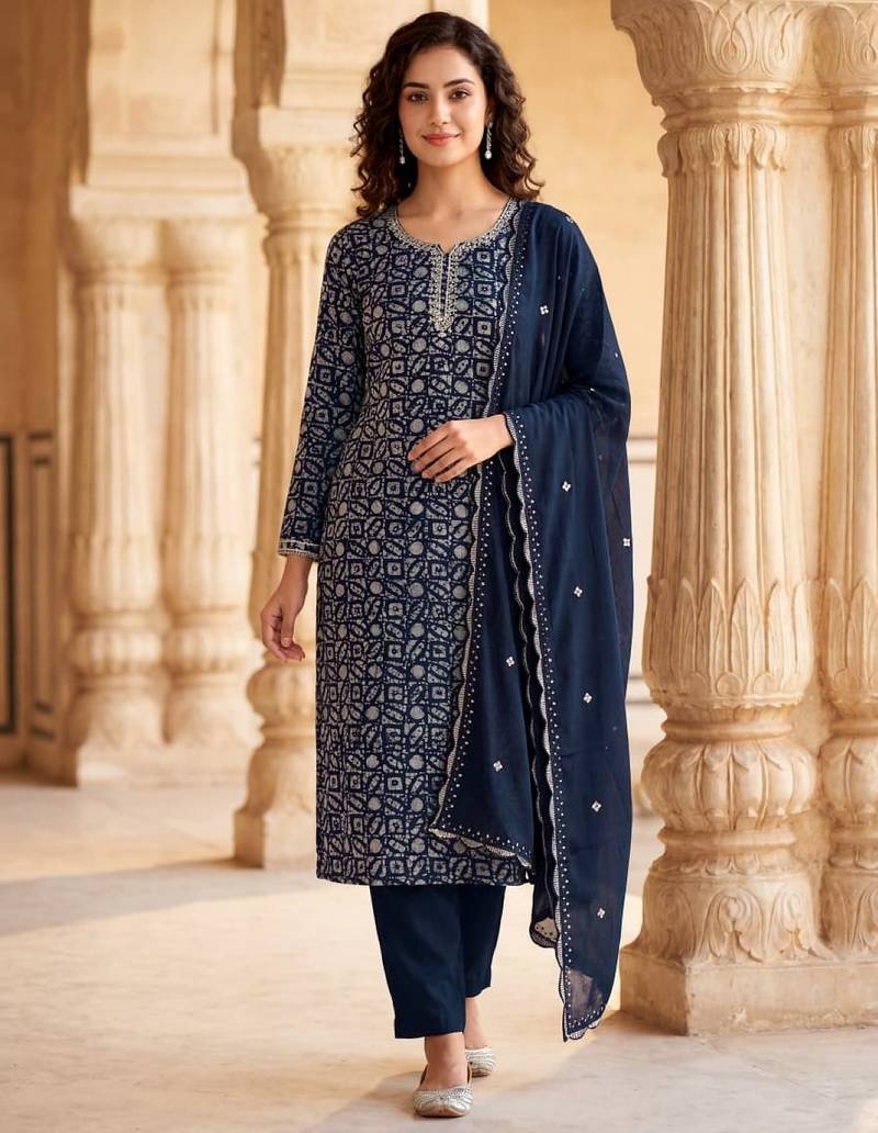 Navy silk unstitched suit with printed & khatli work