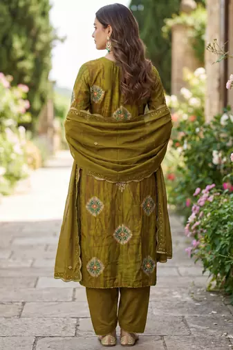 Mehendi silk unstitched suit with printed
