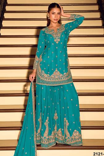 Blue chinon semi stitched suit with embroidery & beats work