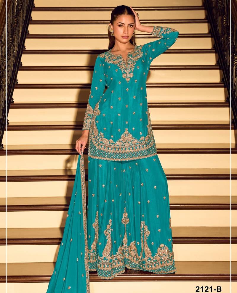 Blue chinon semi stitched suit with embroidery & beats work