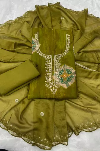 Mehendi silk unstitched suit with printed