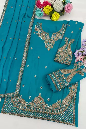 Blue chinon suit with embroidered beats 