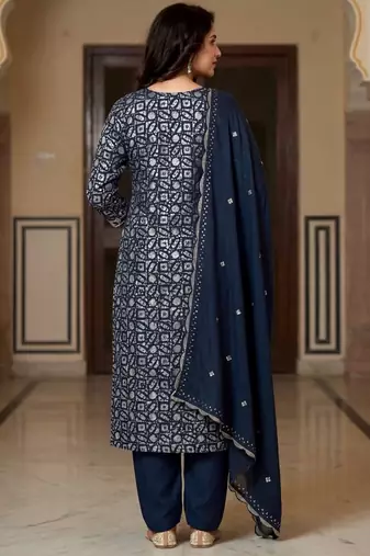 Navy silk unstitched suit with printed