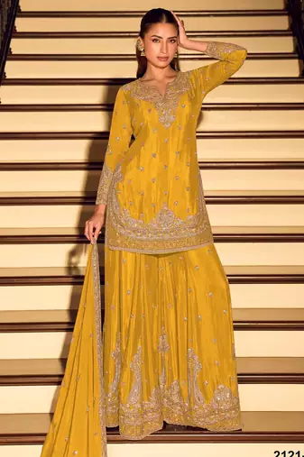 Yellow chinon semi stitched suit with embroidery & beats work