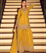 Yellow chinon suit with embroidered beats 