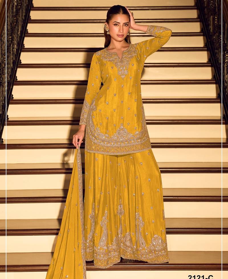 Yellow chinon semi stitched suit with embroidery & beats work