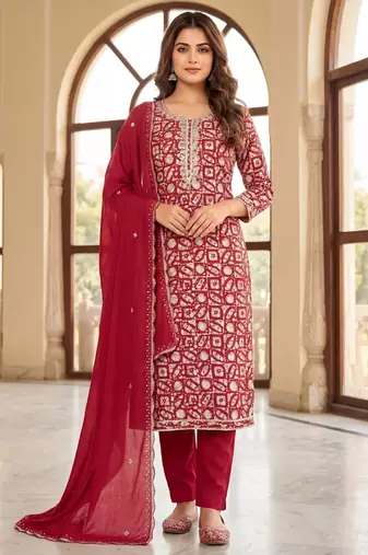 Maroon silk unstitched suit with printed & khatli work