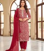 Maroon silk unstitched suit with printed & khatli work