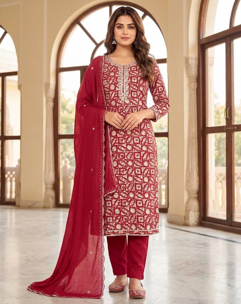Maroon silk unstitched suit with printed & khatli work