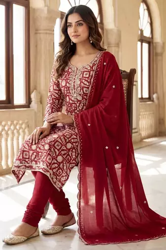 Maroon silk unstitched suit with printed