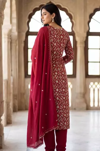 Maroon silk unstitched suit with printed