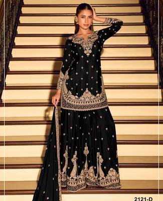 Black chinon suit with embroidered beats  1