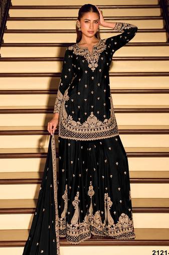 Black chinon semi stitched suit with embroidery & beats work
