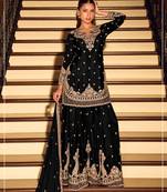 Black chinon suit with embroidered beats 