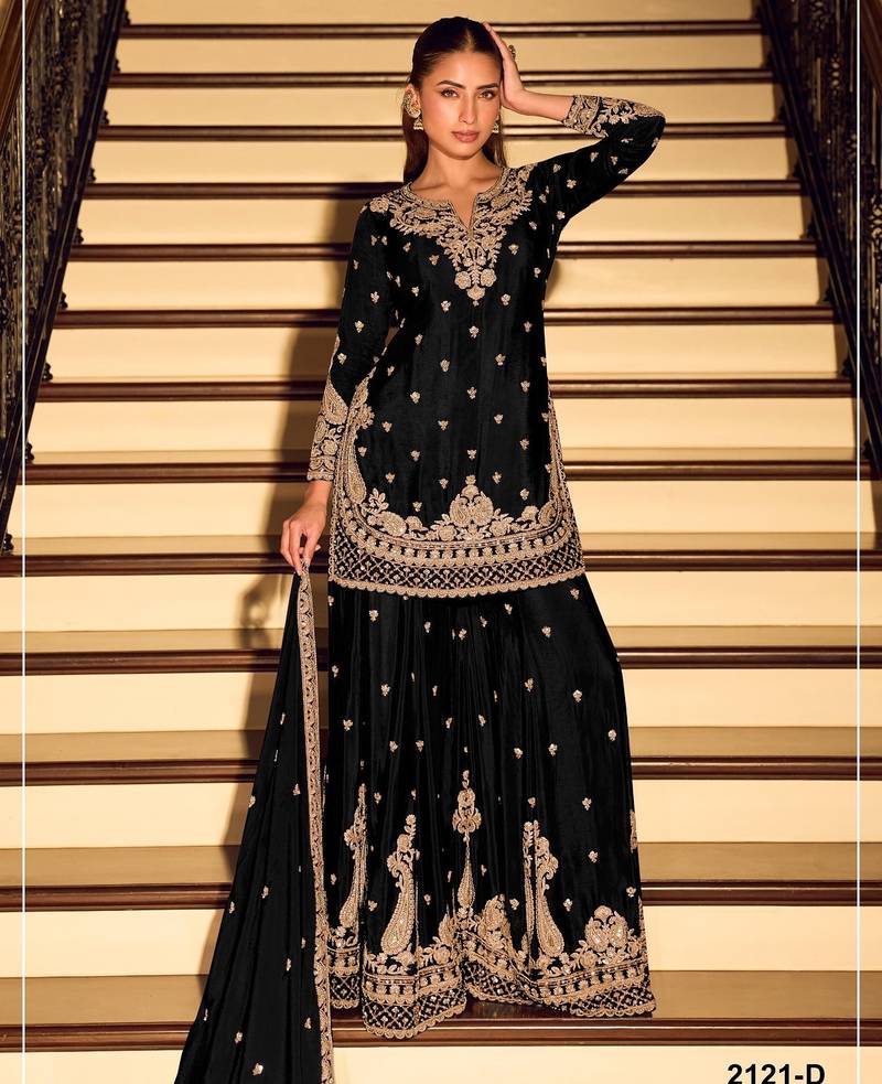 Black chinon semi stitched suit with embroidery & beats work