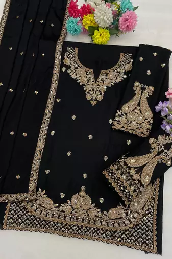 Black chinon suit with embroidered beats 