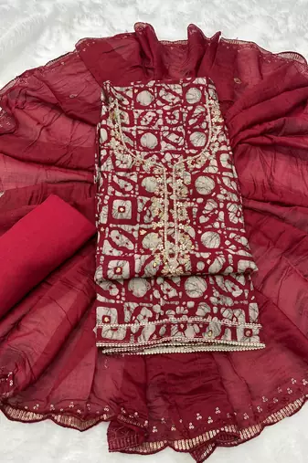 Maroon silk unstitched suit with printed
