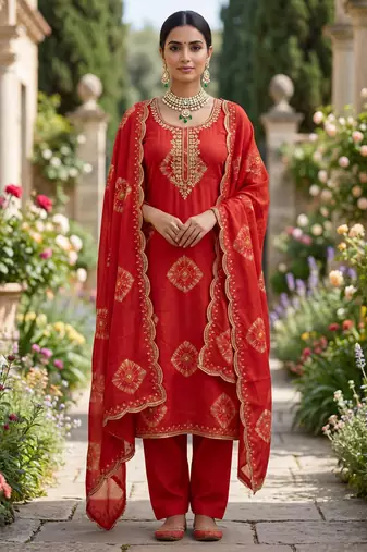 Orange silk unstitched suit with printed & khatli work