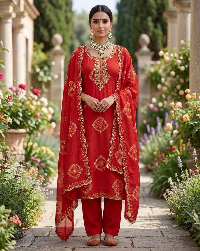 Orange silk unstitched suit with printed & khatli work