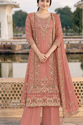 Peach Chiffon Semi Stitched Suit with Embroidery & Sequin Work