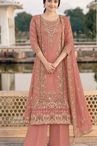 Peach Chiffon Semi Stitched Suit with Embroidery & Sequin Work