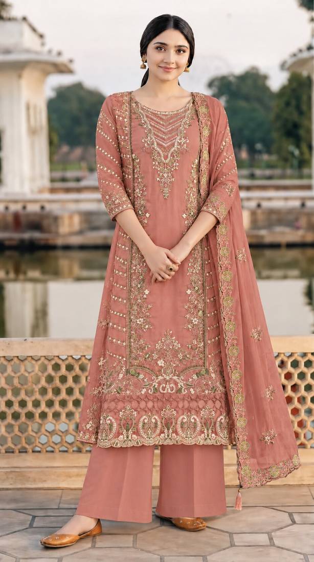Peach Chiffon Semi Stitched Suit with Embroidery & Sequin Work