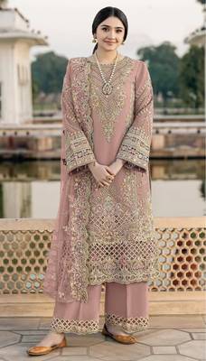 Peach chiffon suit with embroidered sequin  1