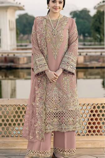 Peach chiffon semi stitched suit with embroidery & sequence work