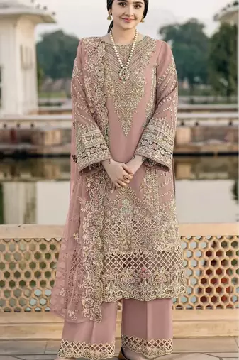 Peach chiffon semi stitched suit with embroidery & sequence work