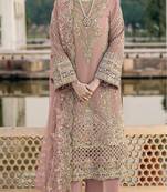 Peach chiffon semi stitched suit with embroidery & sequence work