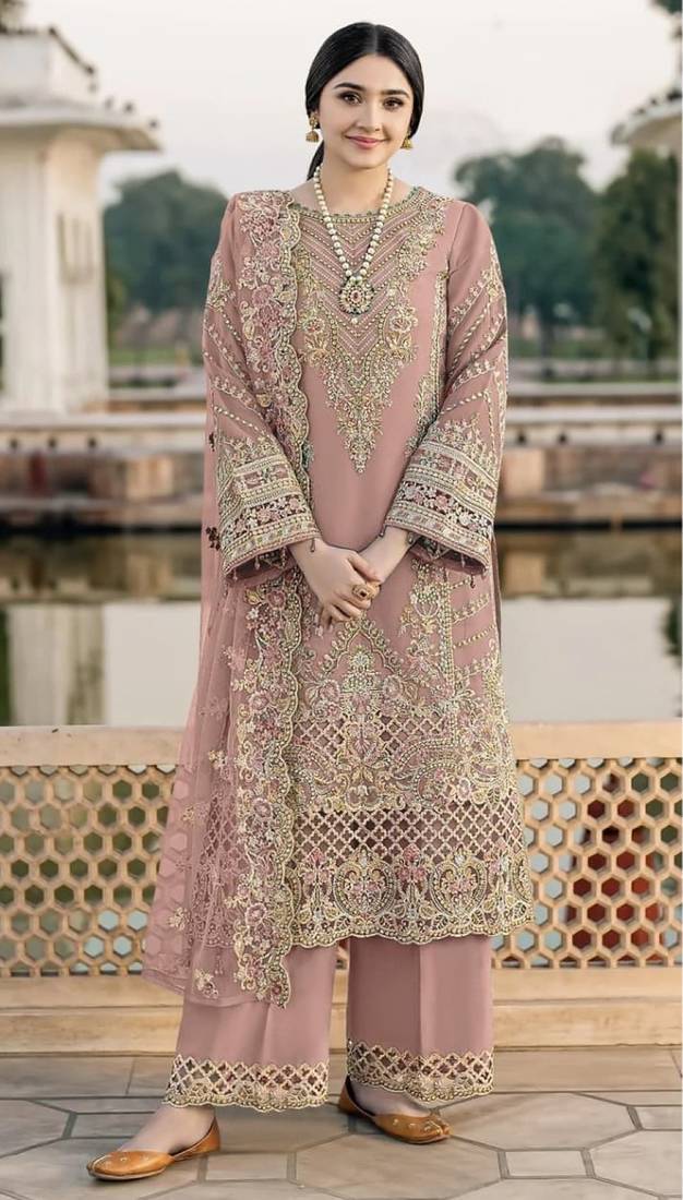 Peach chiffon semi stitched suit with embroidery & sequence work