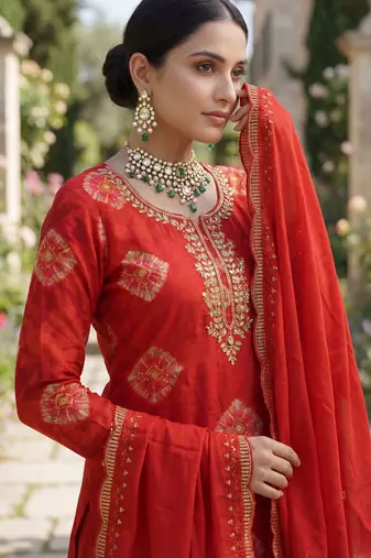 Orange silk unstitched suit with printed