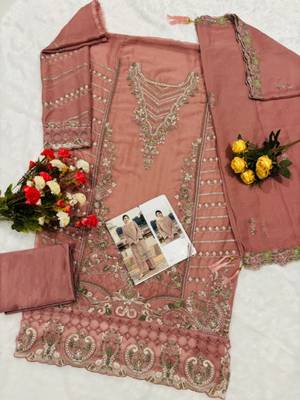 Peach chiffon suit with embroidered sequin  2