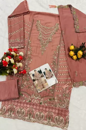 Peach chiffon suit with embroidered sequin 