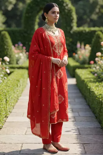 Orange silk unstitched suit with printed