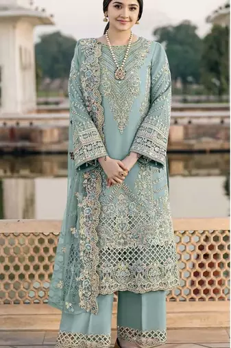 Blue chiffon semi stitched suit with embroidery & sequence work