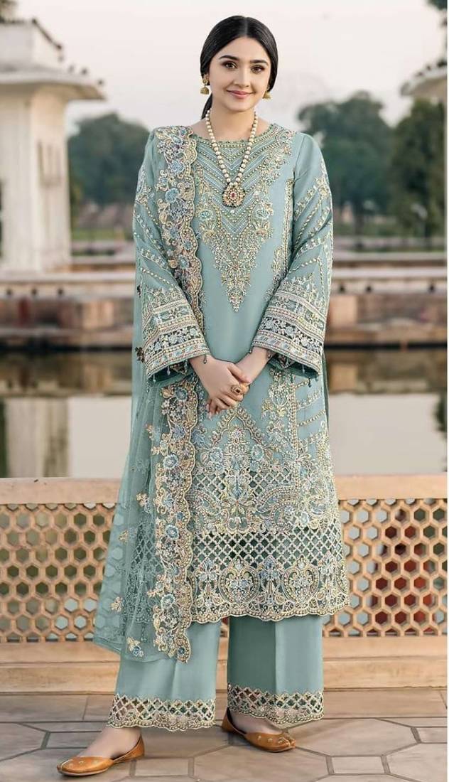 Blue chiffon semi stitched suit with embroidery & sequence work