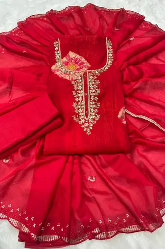 Orange silk unstitched suit with printed