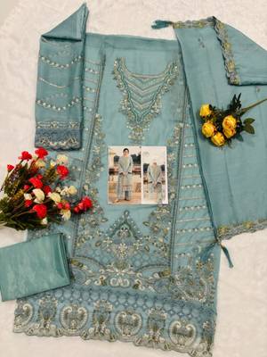 Blue chiffon suit with embroidered sequin  2