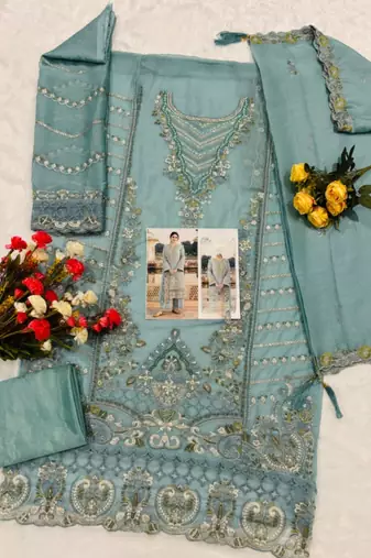 Blue chiffon suit with embroidered sequin 