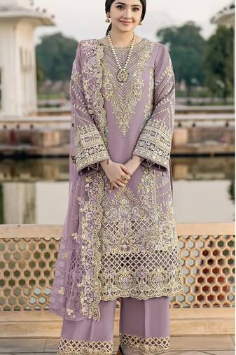 Lavender chiffon semi stitched suit with embroidery & sequence work