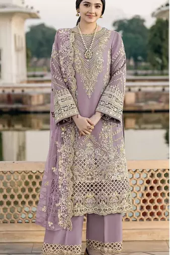 Lavender chiffon semi stitched suit with embroidery & sequence work