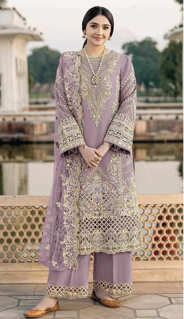 Lavender chiffon semi stitched suit with embroidery & sequence work