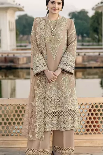 Brown chiffon semi stitched suit with embroidery & sequence work