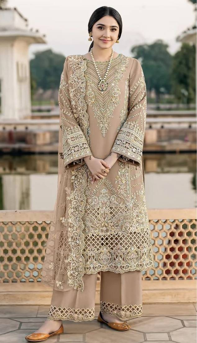 Brown chiffon semi stitched suit with embroidery & sequence work