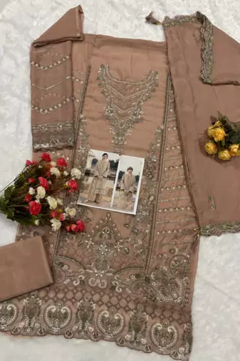 Brown chiffon suit with embroidered sequin 