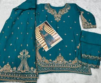 Teal chinon free size stitched suit with embroidered beats  4
