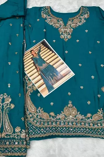 Teal chinon free size stitched suit with embroidered beats 