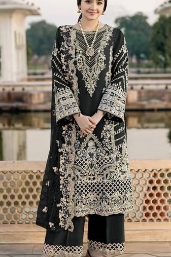 Black chiffon semi stitched suit with embroidery & sequence work